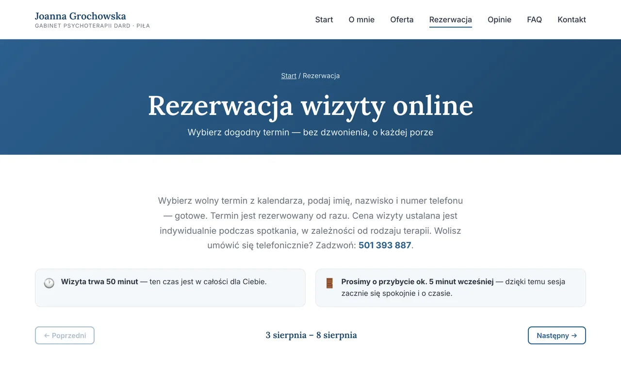Panel rezerwacji wizyt online zbudowany dla gabinetu psychoterapii