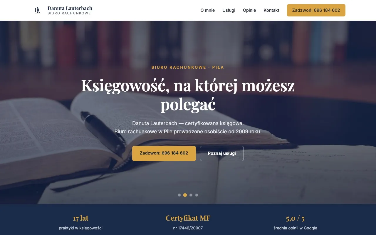 Strona główna księgowej Danuty Lauterbach: nagłówek o księgowości, na której możesz polegać, na tle otwartej księgi, poniżej doświadczenie i certyfikat Ministra Finansów