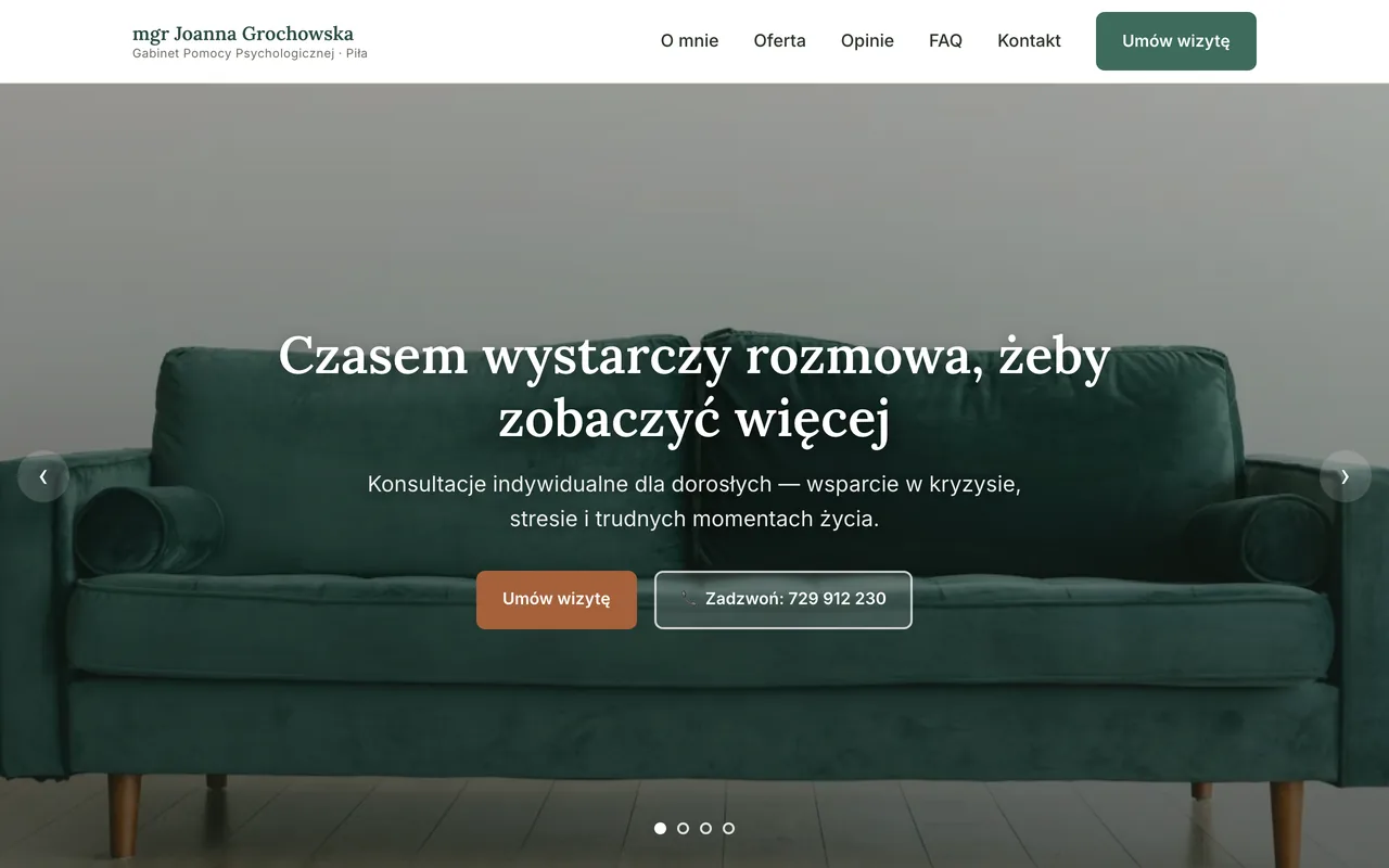 Strona główna gabinetu pomocy psychologicznej: fotografia gabinetu, hasło przewodnie i przyciski umówienia wizyty